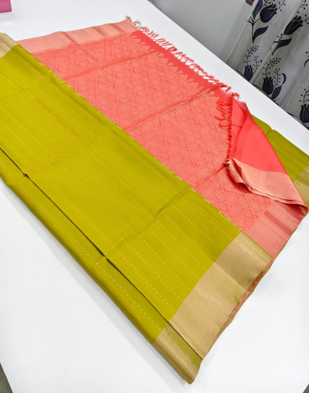 Olive Green Stripes and Geometric Pallu Saree